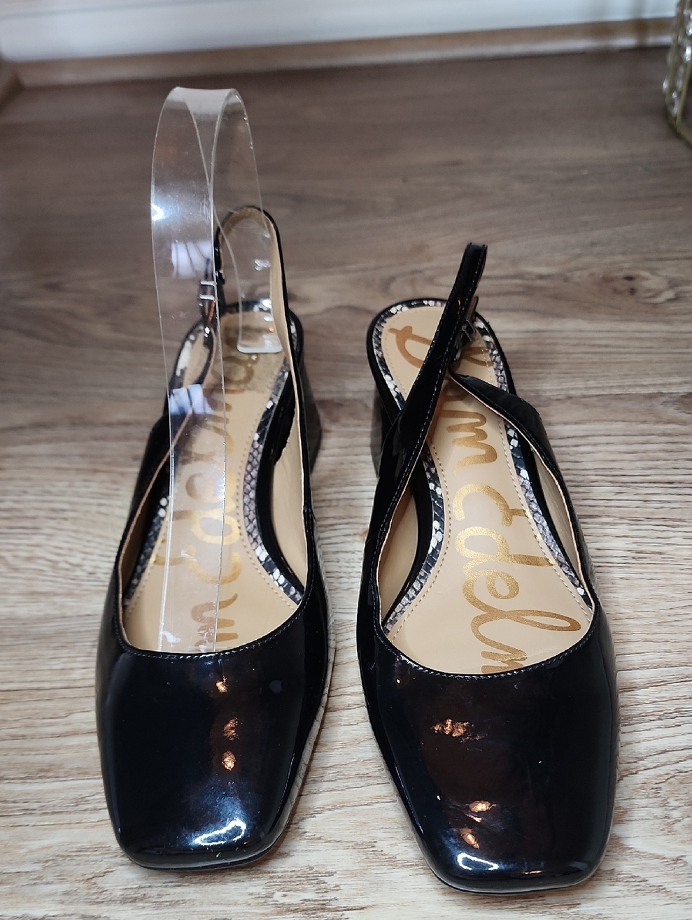 Sam Edelman Terra Square Toe Slingback Block Heel Black Patten Leather Shoes - Picture 2 of 16